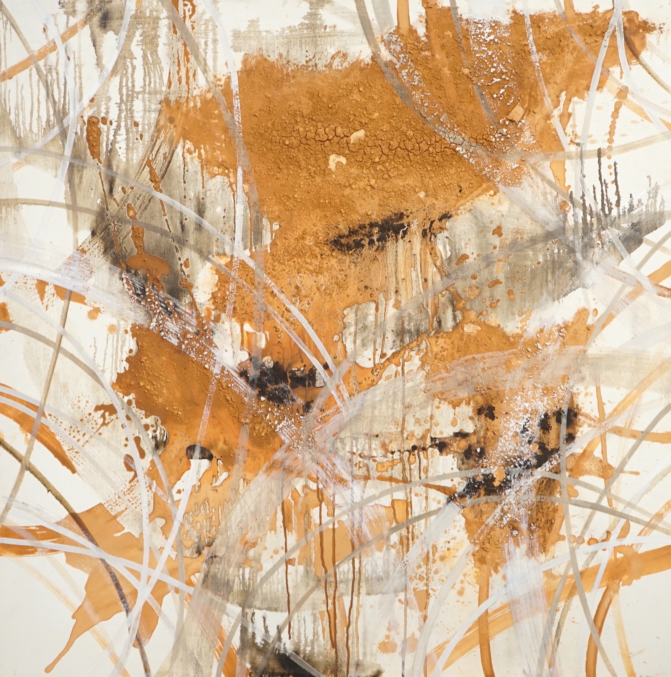 Sandra Shashou (Contemporary) abstract impasto oil on canvas, ‘4 Circles Amber’, details verso, 110cm x 110cm, unframed